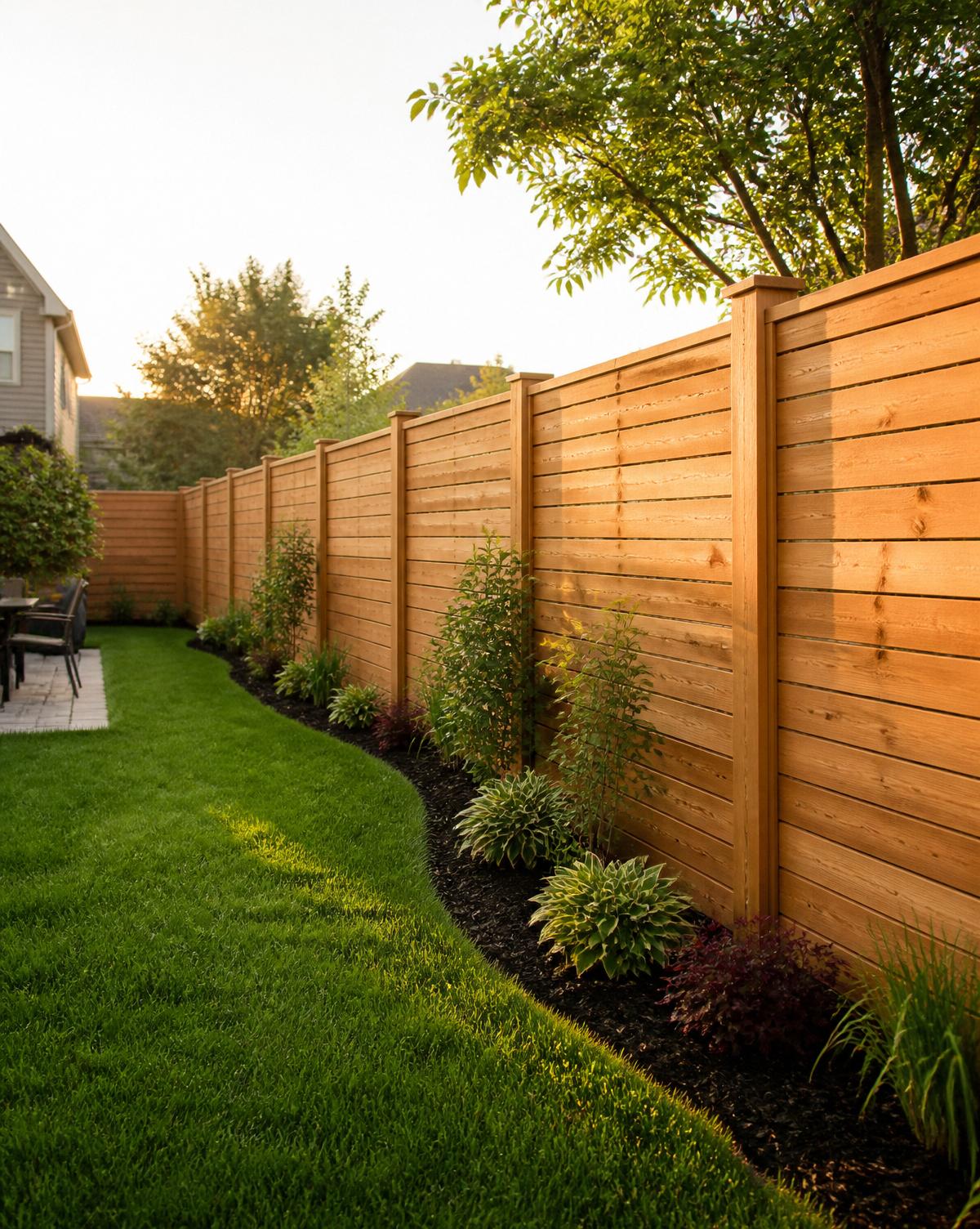 Freshly built cedar privacy fence in a landscaped backyard